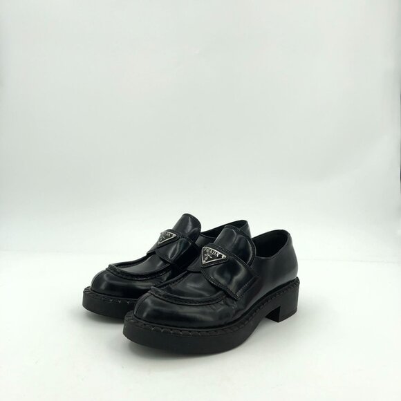Prada Womens Black Leather Loafers Size 35 Thick Sole Triangular Logo Made In It - Picture 9 of 9